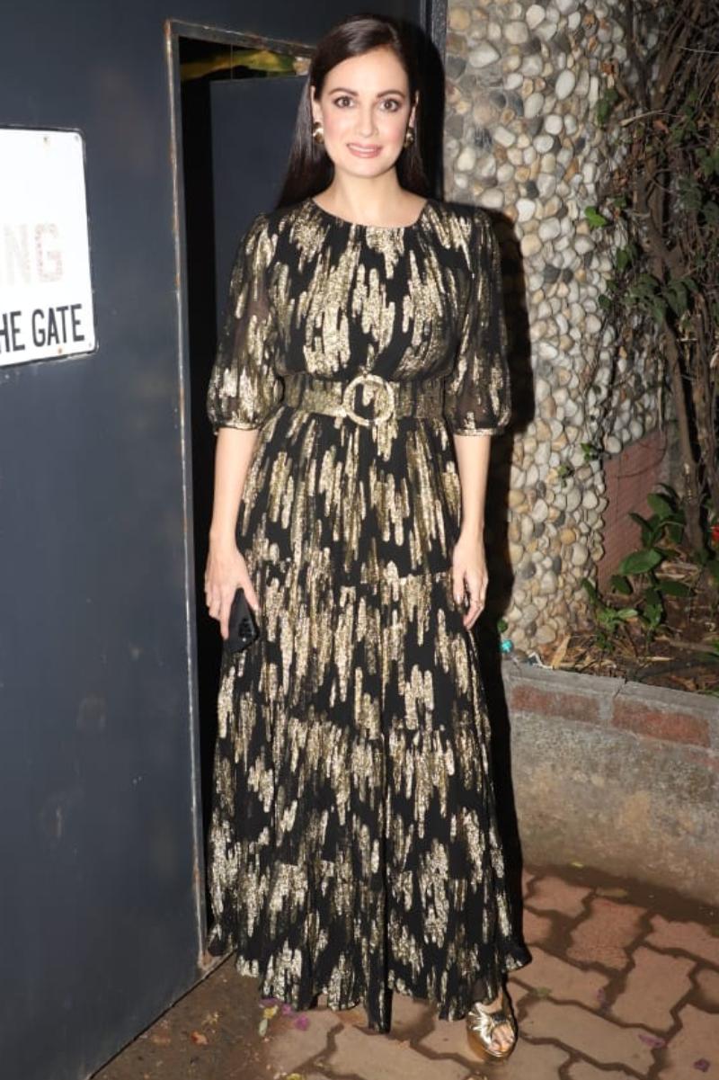 Touted as the queen of simplicity, Bollywood actor and climate activist, Dia Mirza opted for a decent printed black and golden gown for Masaba's party. 